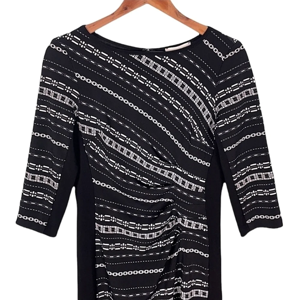 Joseph Ribkoff Chain Print Sheath Dress Size 8 3/4 Sleeve Ruching Dressy Career